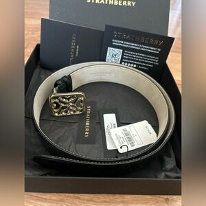 Strathberry Black Leather Wide Monogram Belt with Gold Buckle Medium
